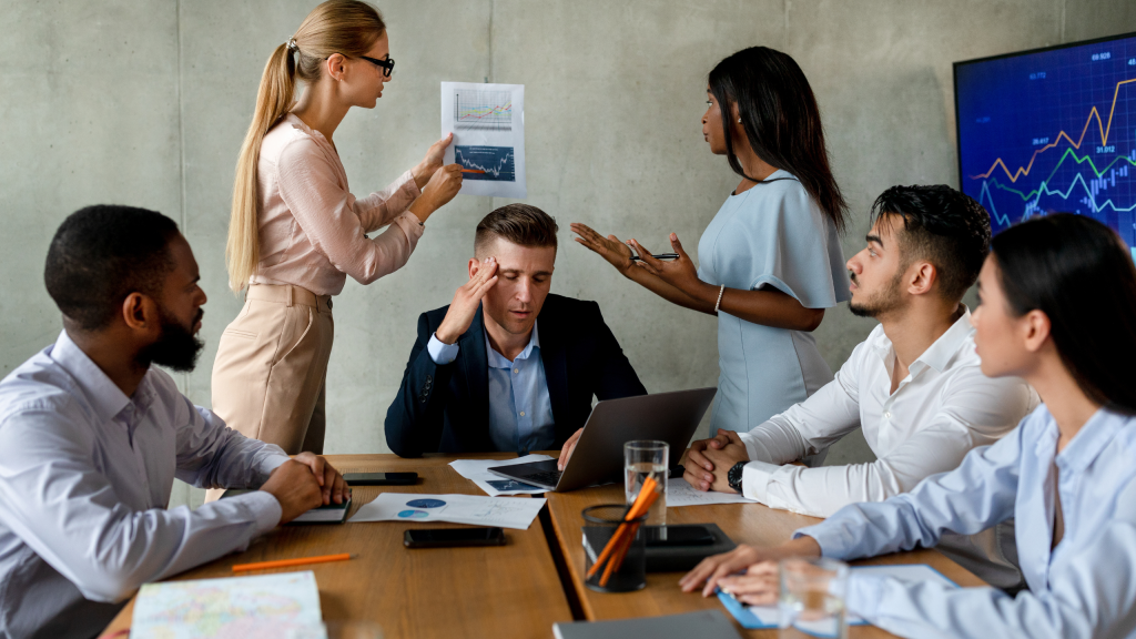 3 images related to managing conflict in the workplace using emotional intelligence. An older couple with hands on head, a woman in a blue jumper screaming and a group of people in desagreement.