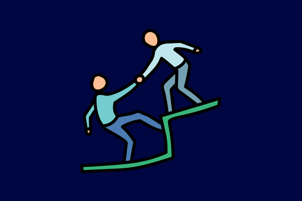 This is a picture of one person helping another person up. It is on a navy background.
